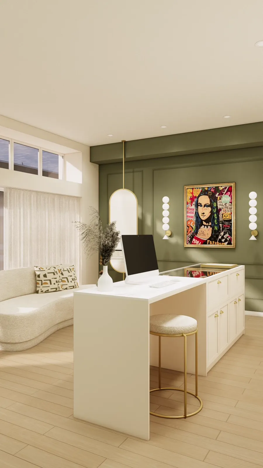 O mesmo escritório depois do projeto da INNOVA, com secretária, sofá e quadro