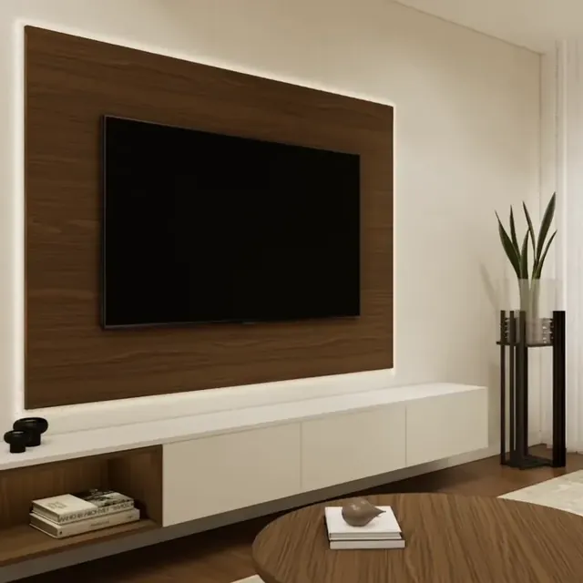 Móvel de TV com painel em madeira